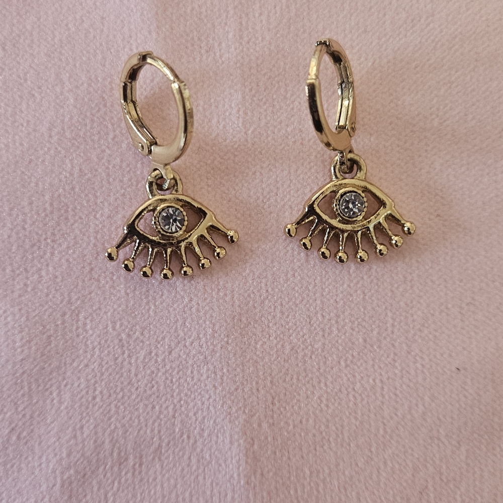 Gold Evil Eye Dangle Earrings with Crystal Accents